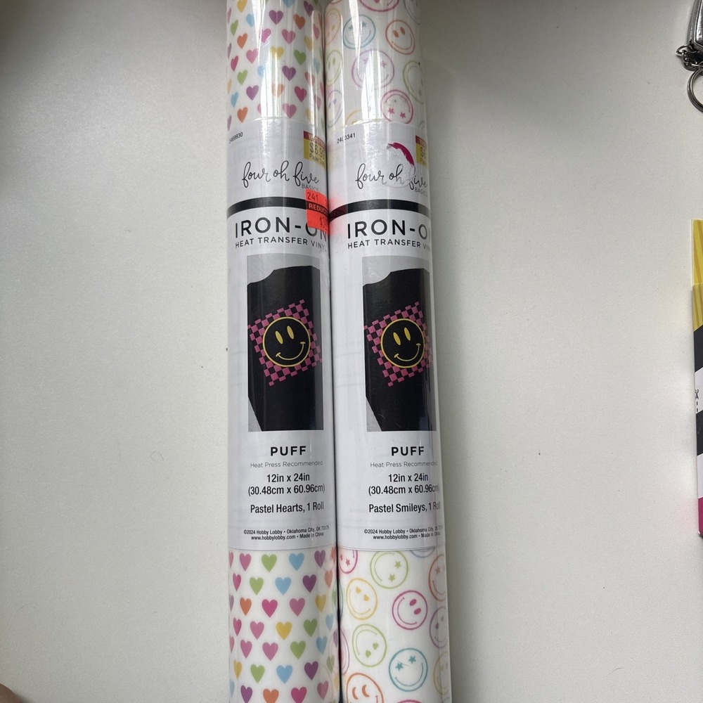 2 Roll PUFF Bundle 12x24 Heat Transfer Vinyl Paste Hearts, Pastel Smileys